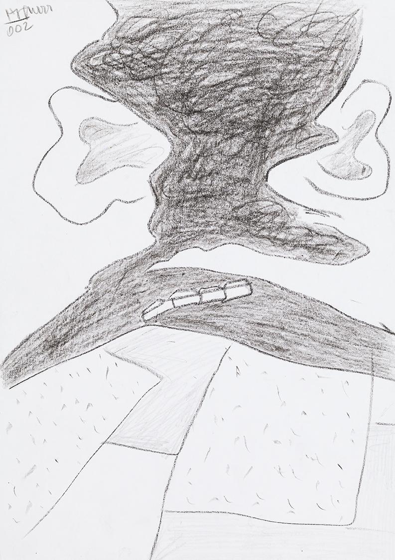 Kurt Hüpfner, Ohne Titel, 2002, Bleistift und schwarze Kreide auf Papier, 29,7 × 21 cm, Privatb ...