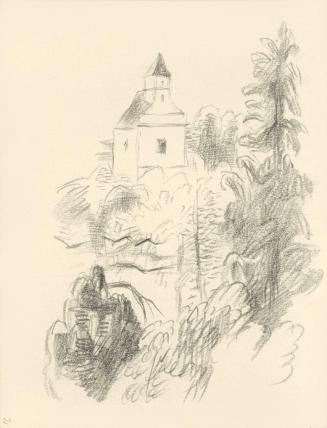 Alfred Wickenburg, Landschaftsskizze mit Kirche, 1938/1942, Bleistift auf Papier, Blattmaße: 17 ...