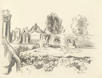 Alfred Wickenburg, Ausschnitt des Belvederegarten mit Mauer und Sphingen, 1938/1942, Bleistift  ...