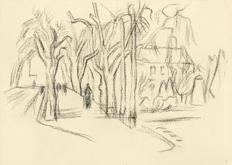 Alfred Wickenburg, Belebte Allee mit Haus im Hintergrund, 1945/1950, Kohle auf Papier, 21 × 29, ...