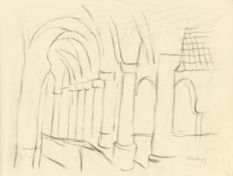 Alfred Wickenburg, Arkadengang Schloss Hallegg von innen, 1950, Kohle auf Papier, 21 × 29,7 cm, ...