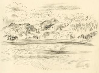Alfred Wickenburg, Wörthersee mit Gebirgslandschaft, 1950, Kohle auf Papier, 21 × 29,7 cm, Belv ...
