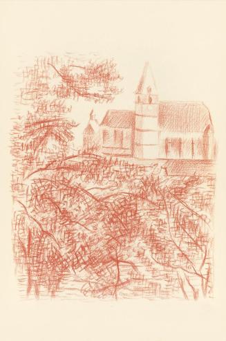 Alfred Wickenburg, Blick über Pflanzen auf eine Kirche, 1943, Rötel auf Papier, Blattmaße: 29 × ...