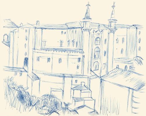 Alfred Wickenburg, Palazzo Ducale in Urbino, um 1955, Blauer Kugelschreiber auf Papier, Blattma ...