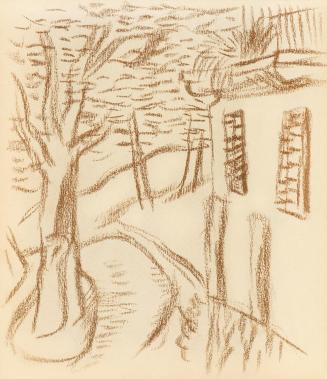Alfred Wickenburg, Bäume um ein Haus, 1935/1940, Braune Kreide auf Papier, Blattmaße: 20,1 × 17 ...