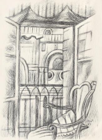 Alfred Wickenburg, Venezianisches Interieur, 1964, Schwarzer Kugelschreiber auf Papier, Blattma ...