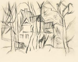 Alfred Wickenburg, Studie für das Wandbild "Rechts unter der Dachtraufe": Bäume vor einem Haus, ...