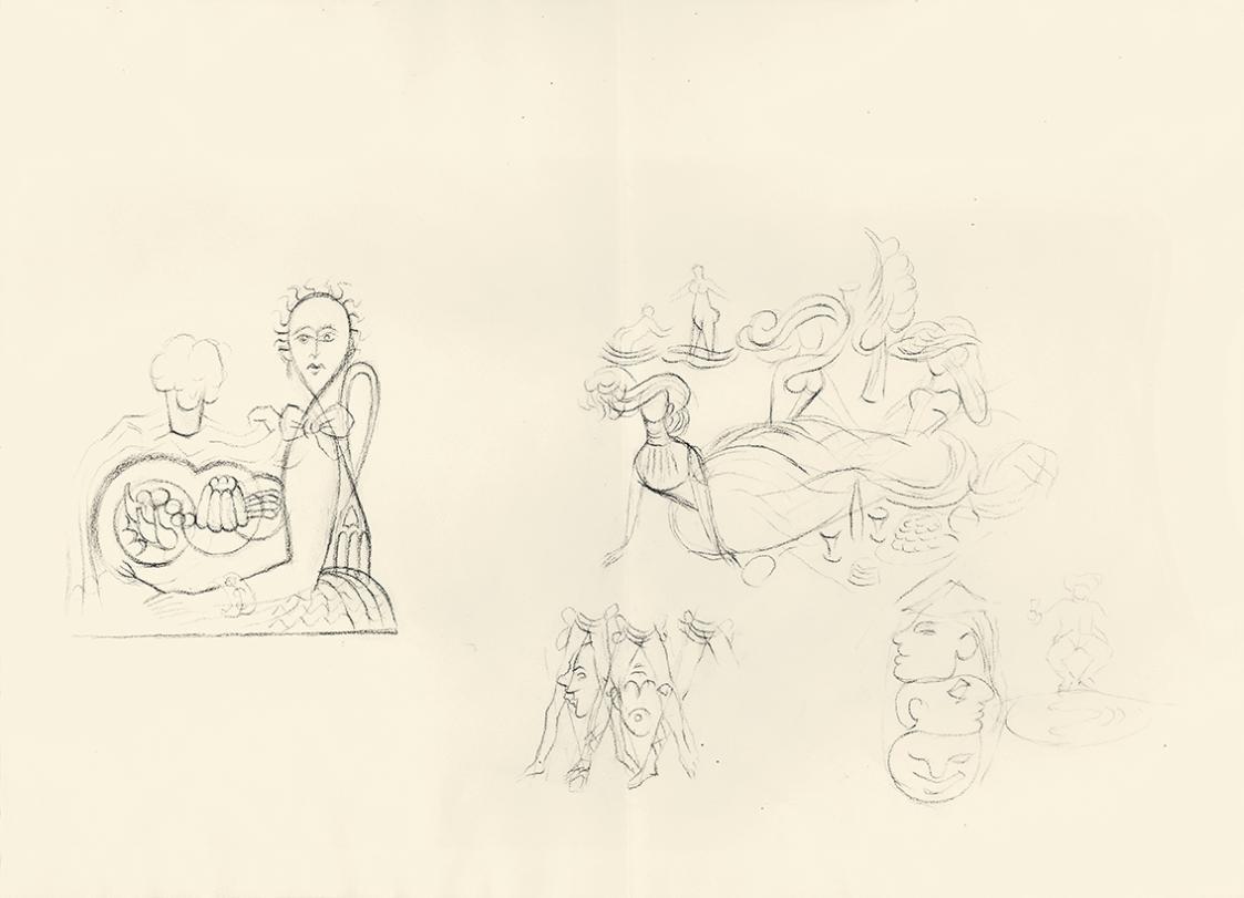 Alfred Wickenburg, Figurenstudien und Buchillustrationen, 1948/1950, Schwarze Kreide auf Papier ...
