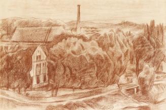 Alfred Wickenburg, Landschaft mit Fabrik, 1938/1942, Rötel auf Papier, 40 × 61 cm, Privatbesitz