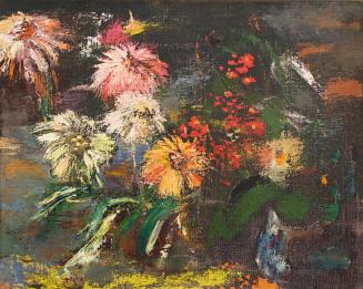 Otto Rudolf Schatz, Blumen auf dunklem Grund, um 1948, Öl auf Leinwand, 49,7 × 60,5 cm, Privatb ...