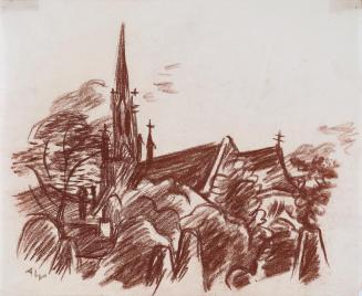 Alfred Wickenburg, Hietzinger Kirche, 1932/1933, Umbrastift auf Papier, Blattmaße: 24 × 29,2 cm ...