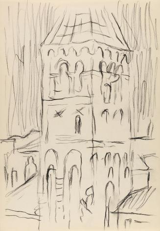 Alfred Wickenburg, Detail eines Turms, 1950/1954, Kohle auf Papier, Blattmaße: 29,7 × 20,6 cm,  ...