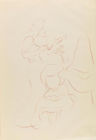Alfred Wickenburg, Figurengruppe vor Geigerin, 1940, Rötel auf Papier, Blattmaße: 29,6 × 20,8 c ...