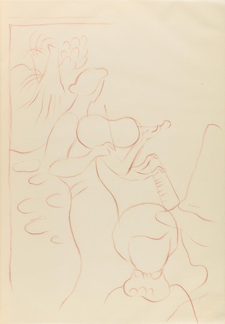 Alfred Wickenburg, Figurengruppe vor Geigerin, 1940, Rötel auf Papier, Blattmaße: 29,6 × 20,8 c ...