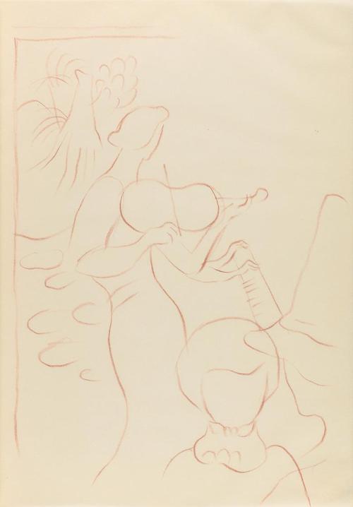 Alfred Wickenburg, Figurengruppe vor Geigerin, 1940, Rötel auf Papier, Blattmaße: 29,6 × 20,8 c ...