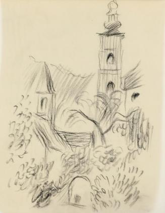 Alfred Wickenburg, Kirchturm, um 1940, Kohle auf Papier, Blattmaße: 19,5 × 15 cm, Privatbesitz