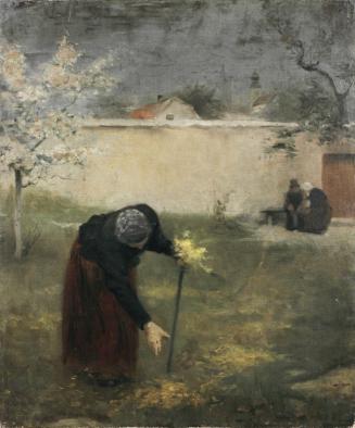 Koloman Moser, Gebückte Frau mit Palmbuschen im Garten, um 1895, Öl auf Leinwand; Leinwand dubl ...