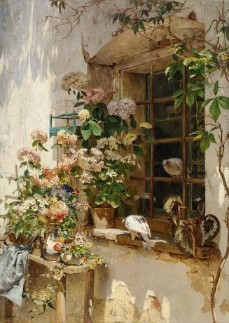 Carl Moll, Hortensien am Fenster, 1893, Öl auf Holz, 148 x 106 cm, Landessammlungen Niederöster ...