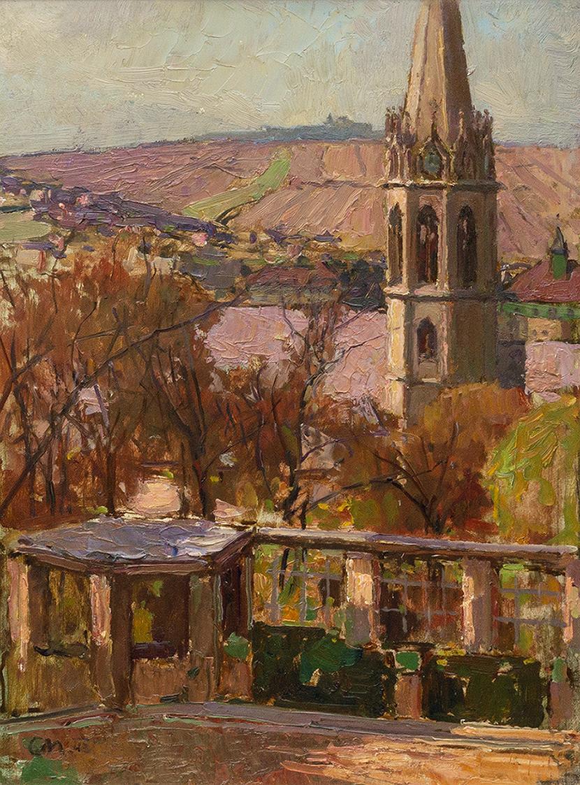 Carl Moll, Fensterblick, Heiligenstadt, 1943, Öl auf Holz, 42 × 30,8 cm, Privatbesitz Wien