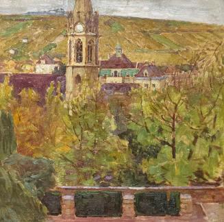 Carl Moll, Blick über St. Michael in Heiligenstadt zu den Hügeln des Nussberges, 1928 um, Öl au ...