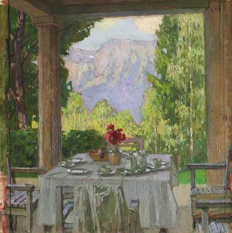 Carl Moll, Frühstückstisch mit Blick in die Berge, 1938 um, Öl auf Leinwand, 54,5 × 54,5 cm, Sa ...
