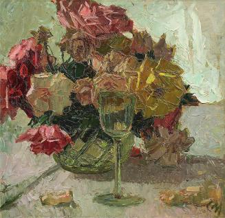 Carl Moll, Rosenstillleben mit Weinglas, 1931, Öl auf Holz, 34,5 × 35,8 cm, Sammlung Eisenberge ...