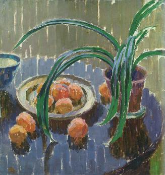 Carl Moll, Stillleben mit Grünpflanze und Früchten, 1930, Öl auf Holz, 57,5 × 54 cm, Unbekannte ...