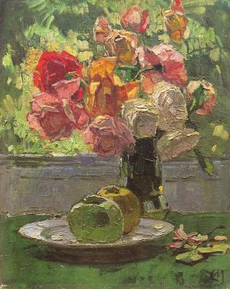 Carl Moll, Stillleben mit Rosen und Äpfeln, 1930 um, Öl auf Leinwand, 38,5 × 31,5 cm, Unbekannt ...