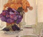 Carl Moll, Frühstückstisch mit Obst und Dahlien, 1911 um, Öl, Unbekannter Besitz