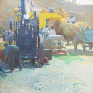 Carl Moll, Getreidedrusch, um 1903, Öl auf Leinwand, 100 × 100 cm, Kunstsammlung der Raiffeisen ...