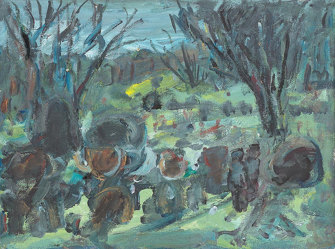 Georg Eisler, Botanischer Garten, Berlin, 1987, Öl auf Karton, 30 × 40,2 cm, Georg und Alice Ei ...