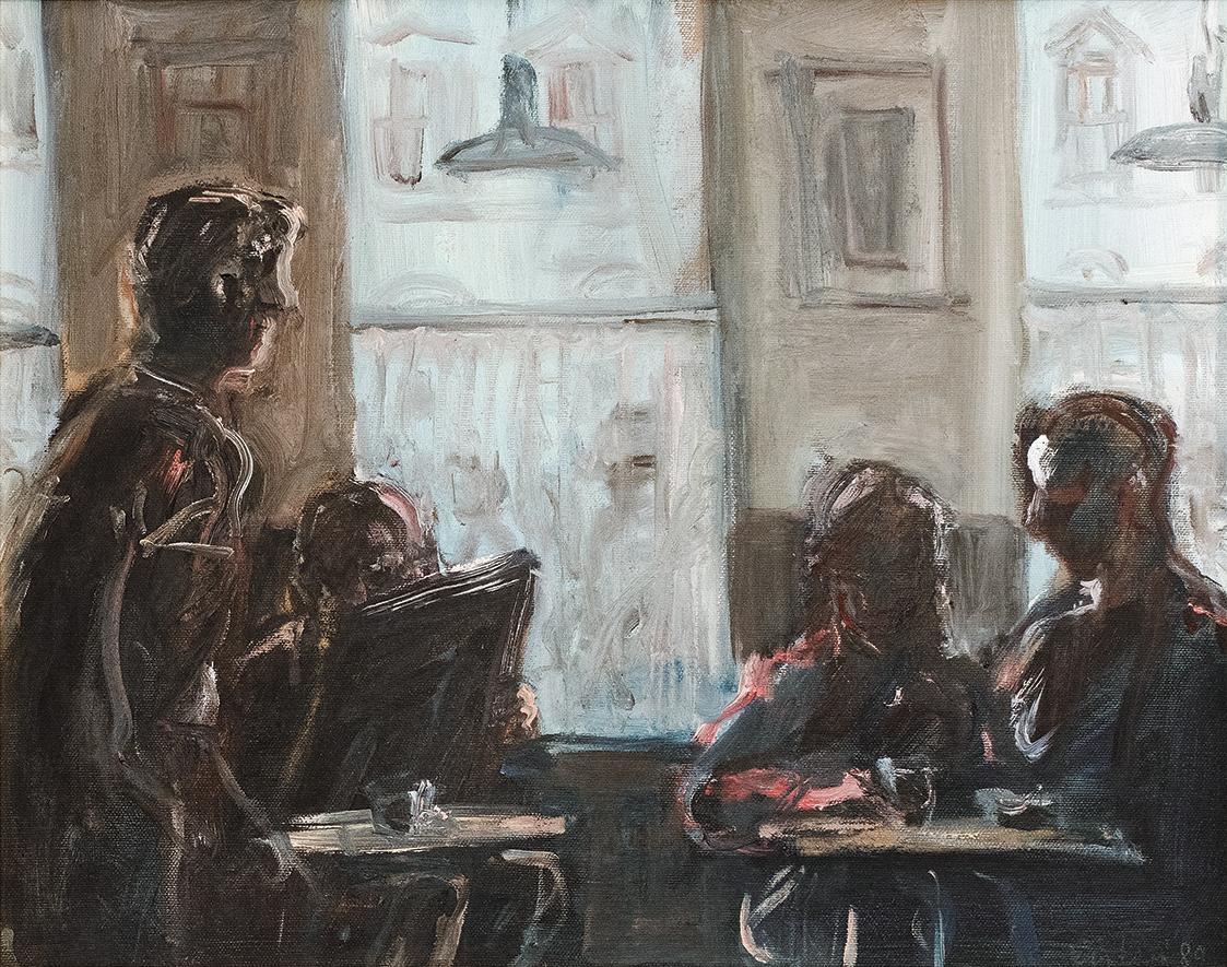 Georg Eisler, Im Café, 1989, Öl auf Leinwand, 40 × 50 cm, Privatbesitz