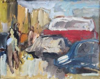 Georg Eisler, Straße mit rotem Autobus, 1965, Öl auf Leinwand, 36 × 46 cm, Verbleib unbekannt