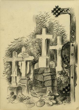 Alfred Wickenburg, Ausschnitt eines Friedhofs, 1945/1950, Kohle auf Papier, 20,7 × 15 cm, Belve ...