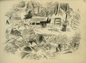 Alfred Wickenburg, Studie eines Bauernhofes mit Umland, 1945/1950, Kohle auf Papier, 15 × 20,7  ...