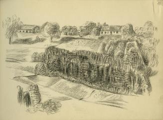 Alfred Wickenburg, Waldgebiet mit Bauerngehöften, 1945/1950, Kohle auf Papier, 15 × 20,7 cm, Be ...