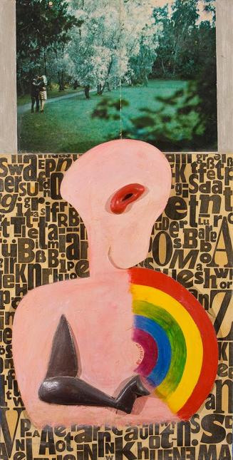 Kurt Hüpfner, Poet, 1968, Papiercollage, Holz, Acrylfarbe, 104 × 54,7 × 9,5 cm, Privatbesitz, W ...