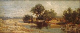 Tina Blau, Landschaft mit Wasserlauf, um 1869, Öl auf Holz, 10 × 20 cm, unbekannter Verbleib