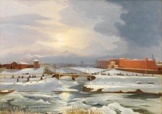 Tina Blau, Die Franz Josephs-Kaserne mit Hauptzollamt und Radetzkybrücke im Winter, 1862, Öl au ...