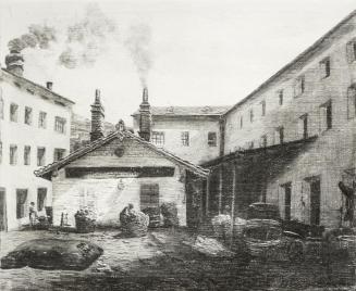 Tina Blau, Hof der Fabrik des Alois Hofmann in Brünn, 1869, Öl auf Leinwand, 21 × 30 cm, Österr ...