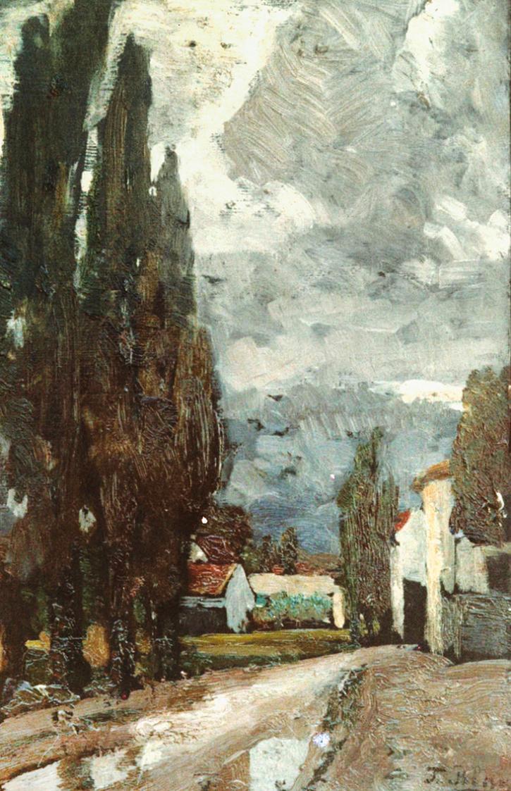 Tina Blau, Landschaft bei Perchtoldsdorf, um 1896/1898, Öl auf Karton, 26,5 × 17,5 cm, Öl auf L ...