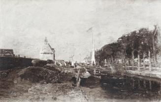 Tina Blau, Kanal beim Vondelpark, Amsterdam, 1875, Öl auf Holz, 43 × 64,5 cm, unbekannter Verbl ...