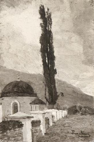 Tina Blau, Kapelle. Hofgastein, 1916, Öl auf Holz, 26,7 × 17,6 cm, Privatbesitz, New York