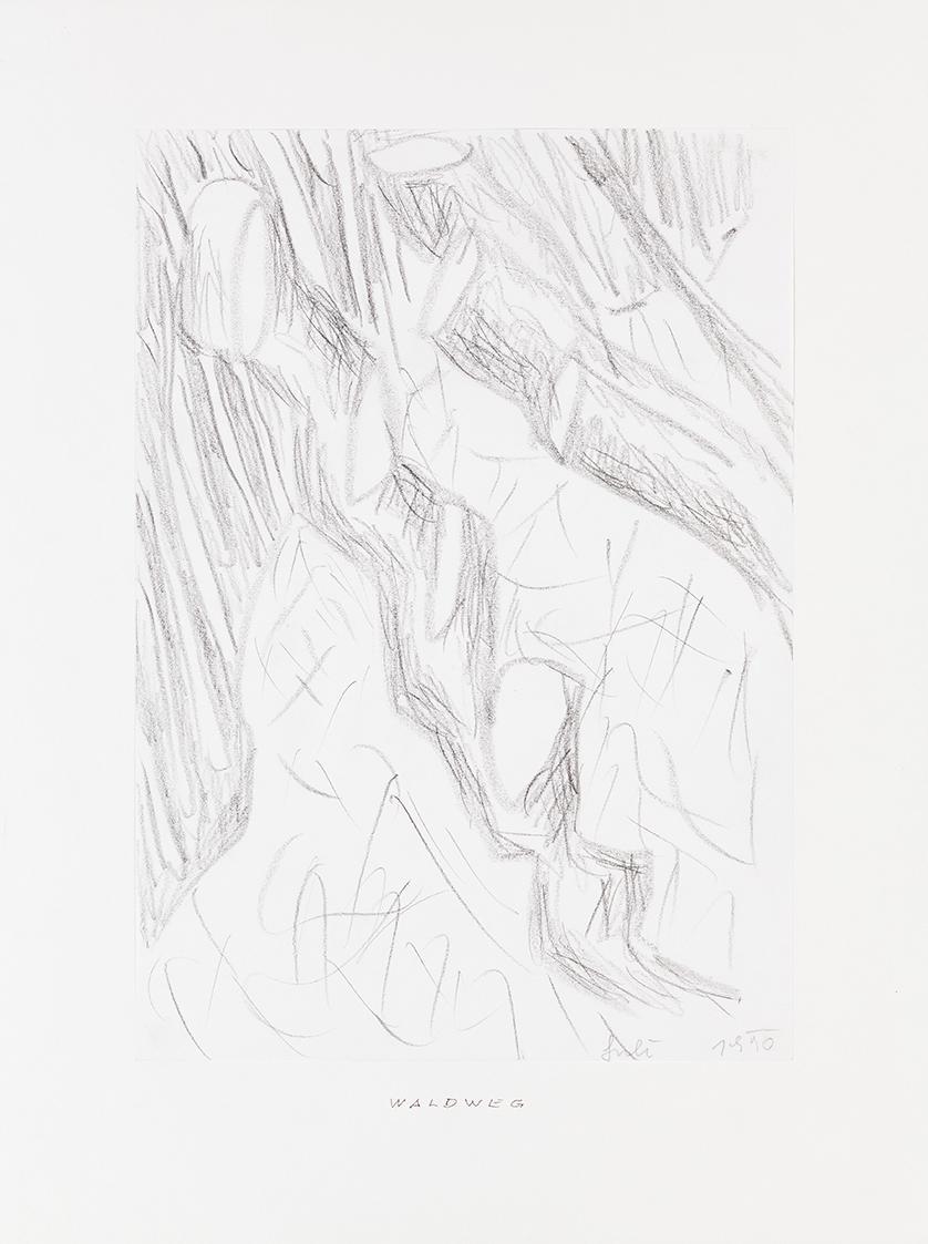 Kurt Hüpfner, Waldweg, 1990, Bleistift auf Papier, kaschiert auf Karton, 29,7 × 21 cm, Privatbe ...