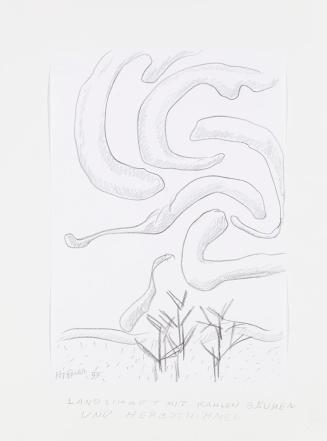 Kurt Hüpfner, Landschaft mit kahlen Bäumen und Herbsthimmel, 1999, Bleistift auf Papier, kaschi ...
