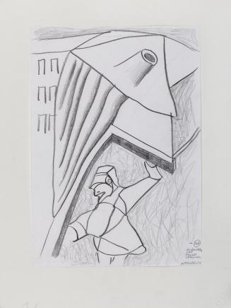 Kurt Hüpfner, Aufrichten des Marktstandes, 1984, Bleistift auf Papier, kaschiert auf Karton, 29 ...