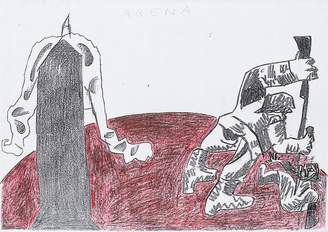 Kurt Hüpfner, Arena, Graphic Novel, nach 2002, Kopie, mit rotem Buntstift bearbeitet, 30 × 42 c ...