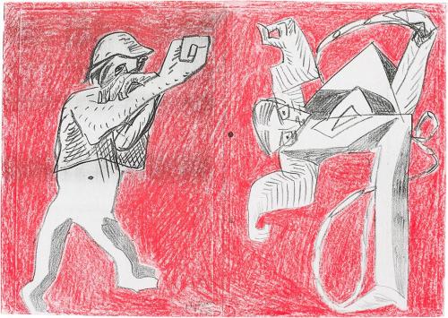 Kurt Hüpfner, Das rote Wien, Graphic Novel, 2008, Kopie, mit roter Kreide bearbeitet, 30 × 42 c ...