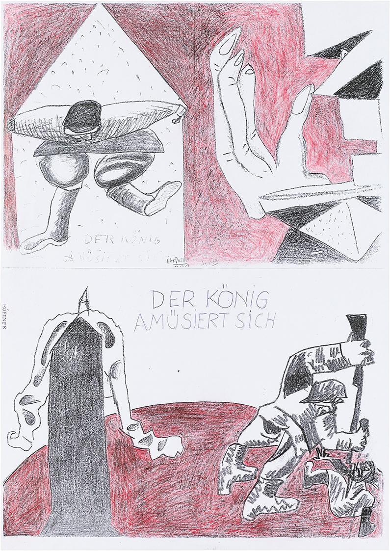 Kurt Hüpfner, Der König amüsiert sich 1, Graphic Novel, um 2000, Kopien, mit Buntstift bearbeit ...