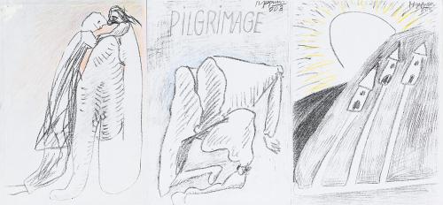 Kurt Hüpfner, Pilgrimage, Graphic Novel, um 2010, Kopien, bearbeitet mit Buntstift, Klebetechni ...